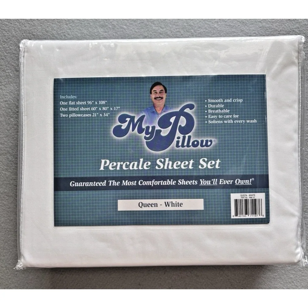NEW My Pillow Percale Cotton Sheet Set Queen Size in WHITE 4 Piece